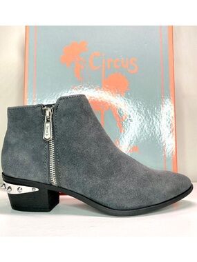 Sam Edelman Suede Leather Ankle Boots Low Heel Side Zipper Pointy Toe Grey Navy